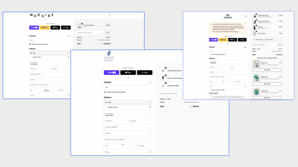 2 – Comparing the checkout pages of three different websites that use Shopify