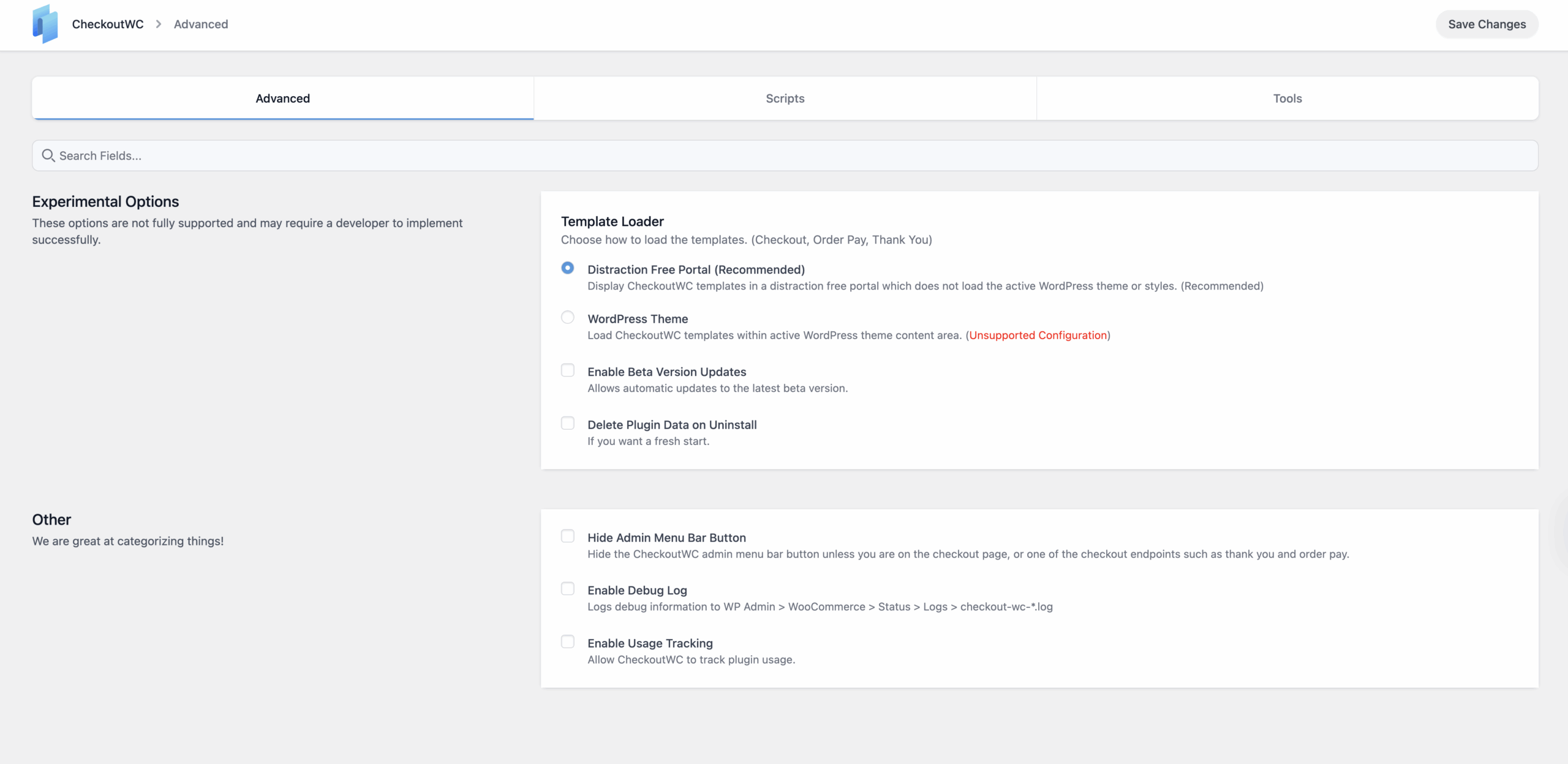 CheckoutWC Advanced settings page Advanced tab