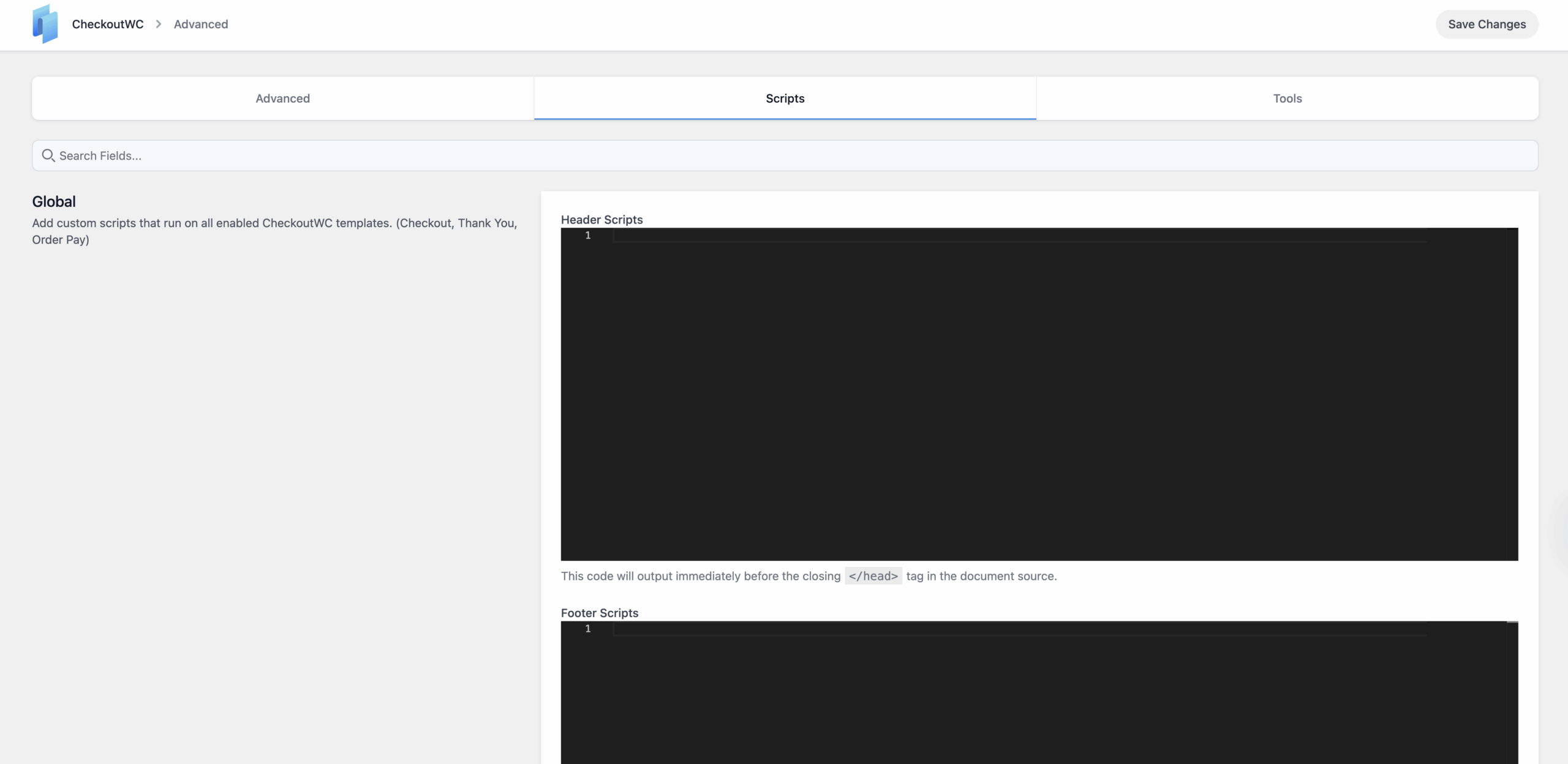 CheckoutWC Advanced Page Scripts tab