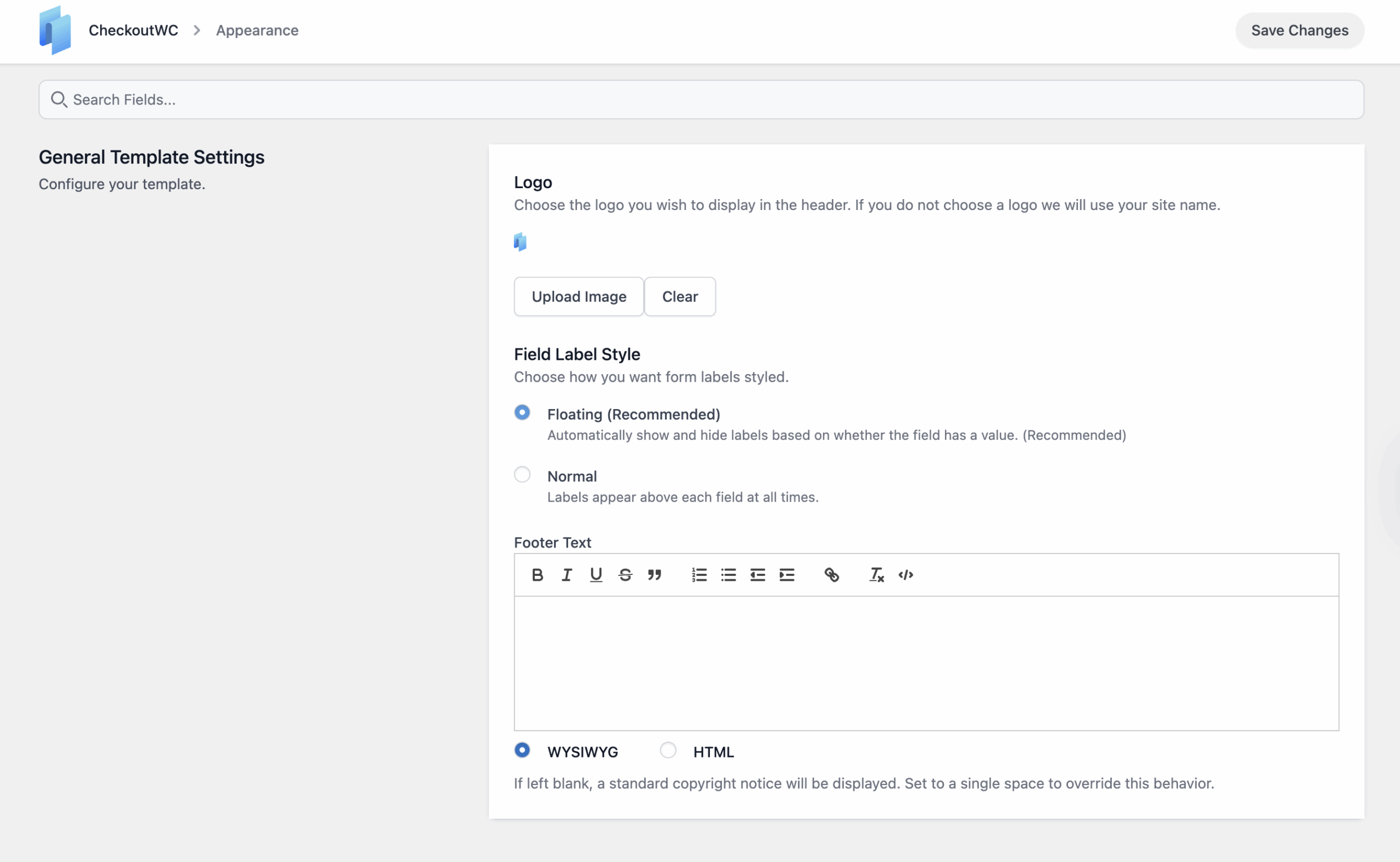 CheckoutWC general design setting in the Appearance page