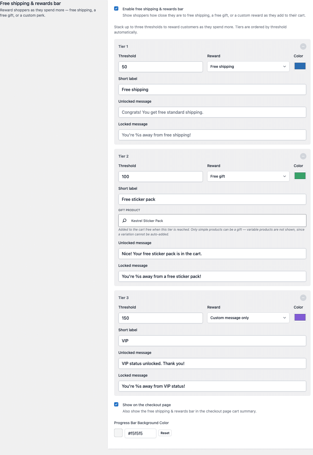 CheckoutWC free shipping and rewards bar settings showing three reward tiers for free shipping, a free gift, and a custom milestone message