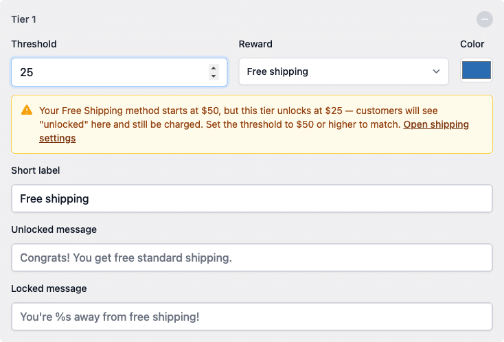 CheckoutWC warning that a reward tier threshold is below the WooCommerce Free Shipping method minimum, with a link to shipping settings
