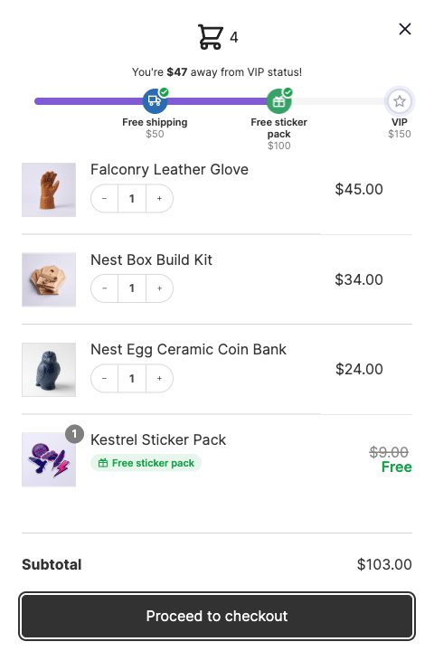 Free gift with purchase added automatically to the WooCommerce side cart, price struck through and marked Free, with two reward tiers unlocked
