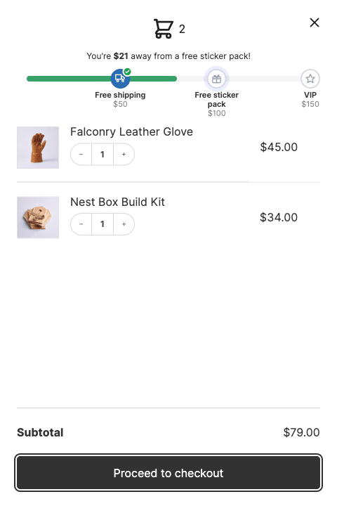 WooCommerce side cart rewards bar with free shipping unlocked and a free gift as the next goal, showing the amount left to spend