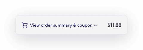 Mobile checkout cart summary bar showing the custom label View order summary and coupon beside the cart total