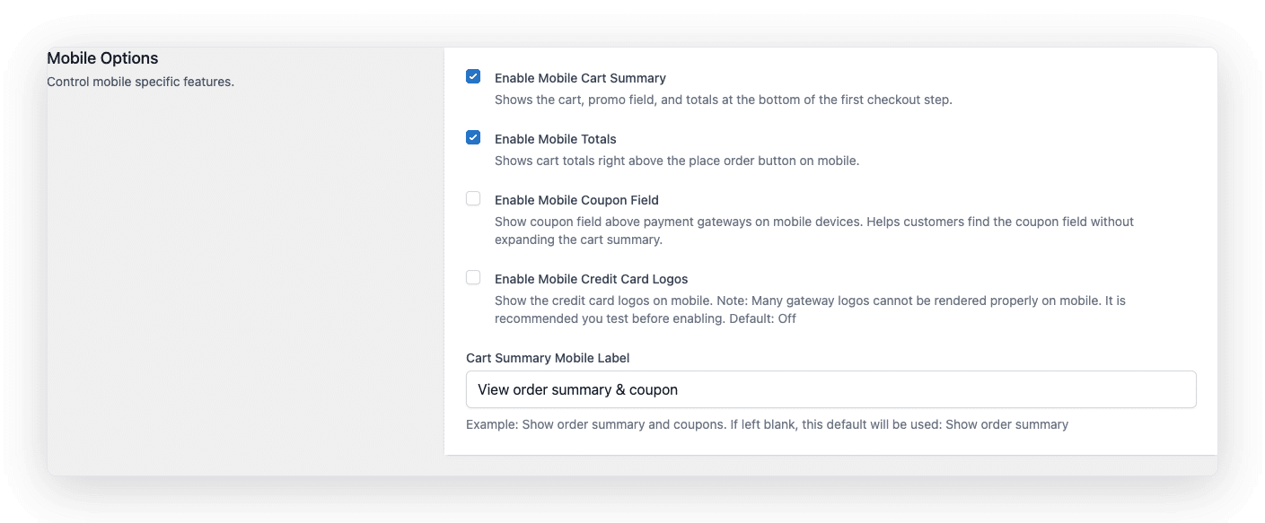 CheckoutWC Mobile Options settings with the Cart Summary Mobile Label field set to View order summary and coupon