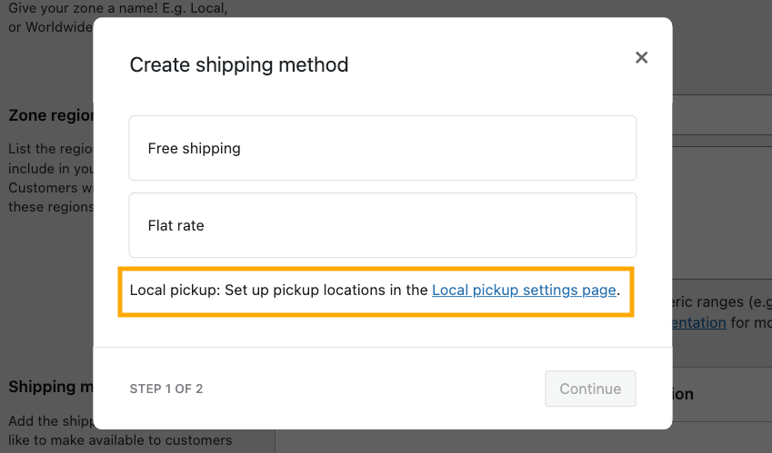 1 – WooCommerce message for setting up the local pickup location