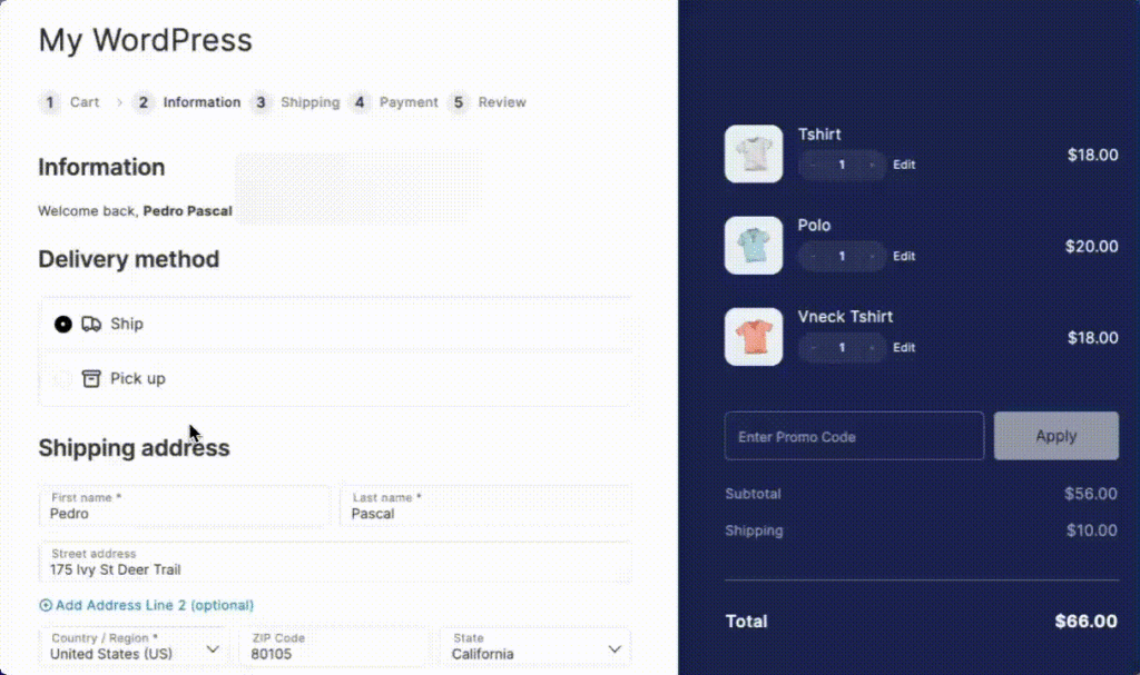 15 – Example of shipping fields being hidden after choosing pickup delivery option