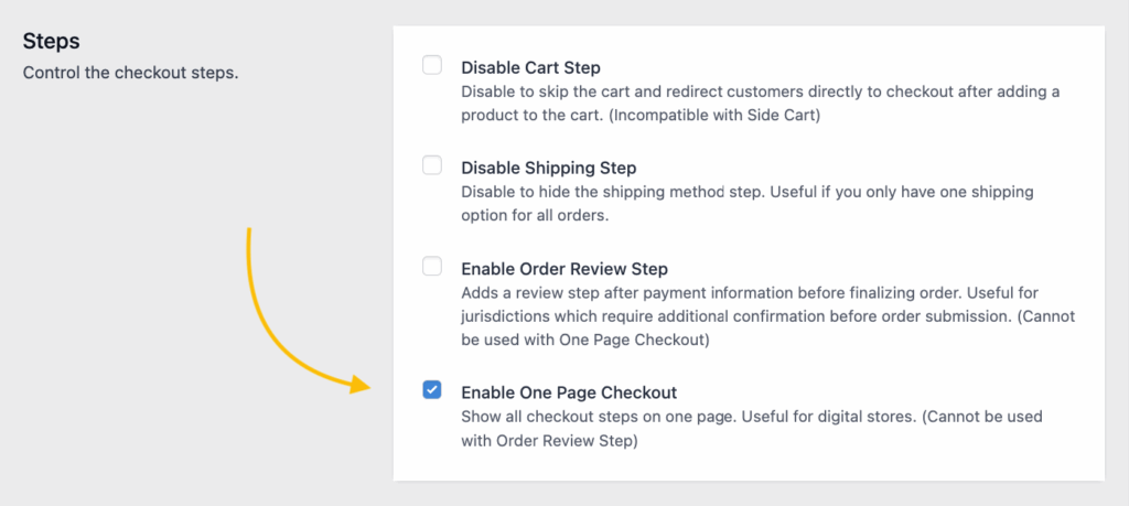 Enabling the One Page Checkout option