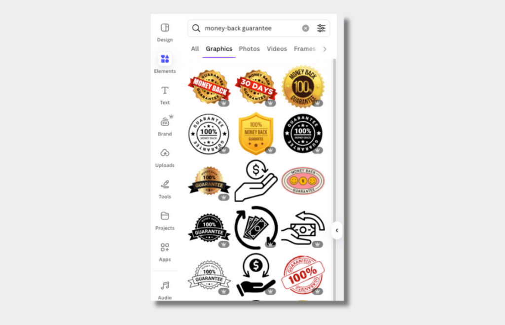 1 – Example of Canva templates for a money-back guarantee badge