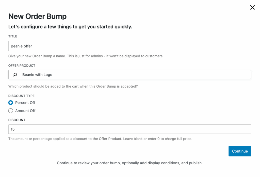 16 – Configuring a new order bump: Title, product, discount type, and amount