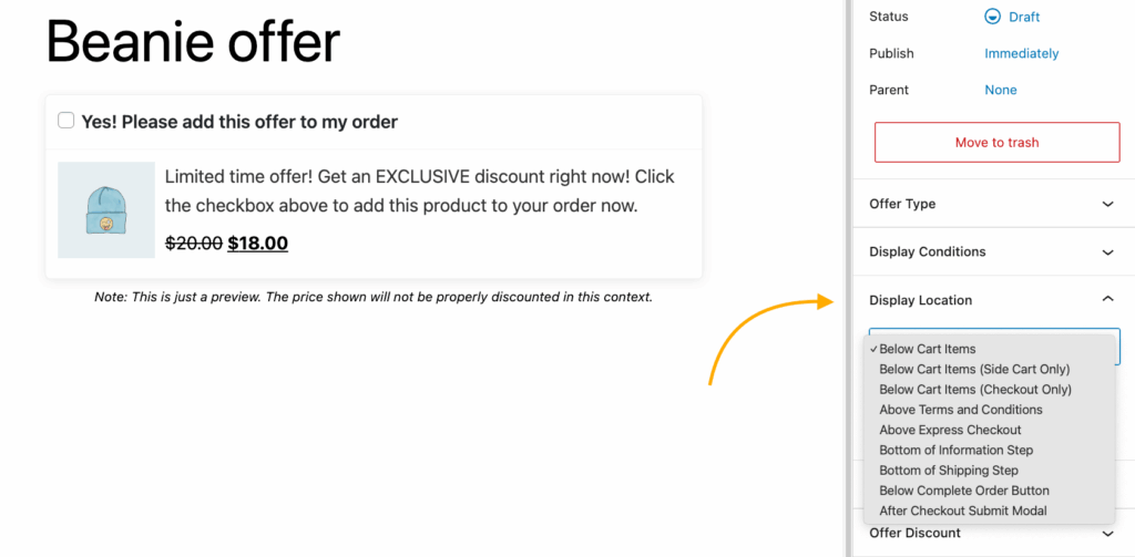 Order bump display location settings
