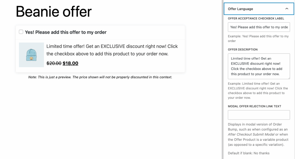 Customizing the offer bump message