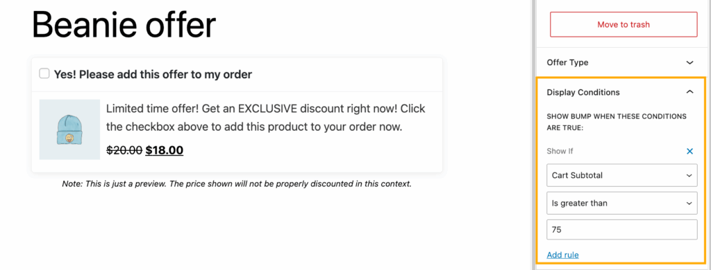 Order bump display condition