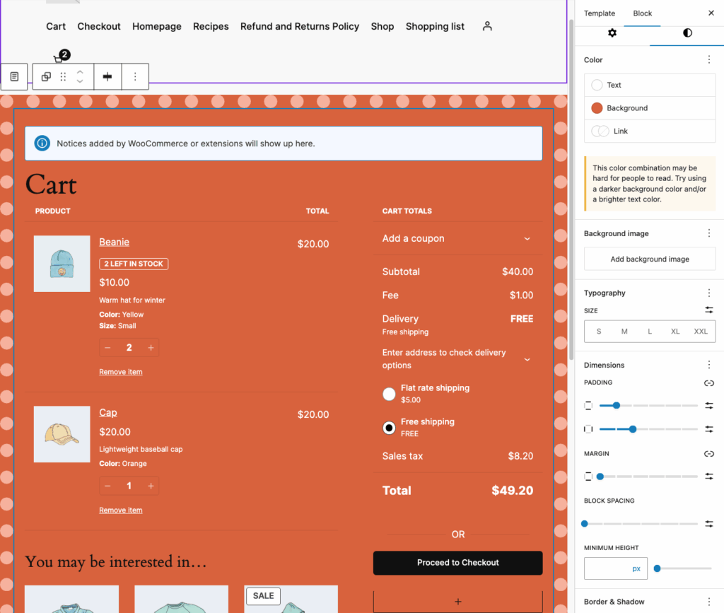 4 – Changing the overall design of the Cart block in WooCommerce