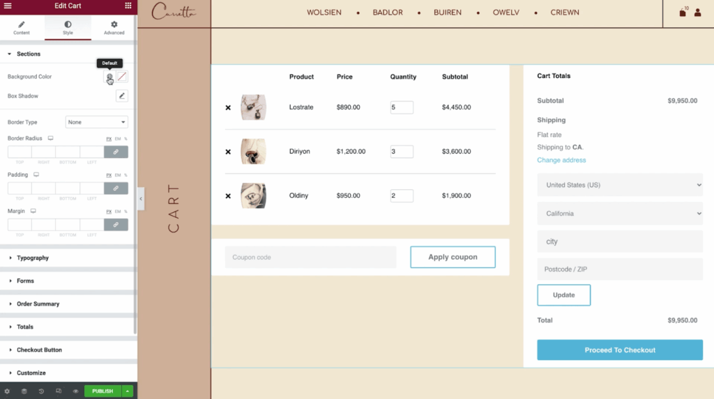 5 – Example of editing the design of a cart page with Elementor