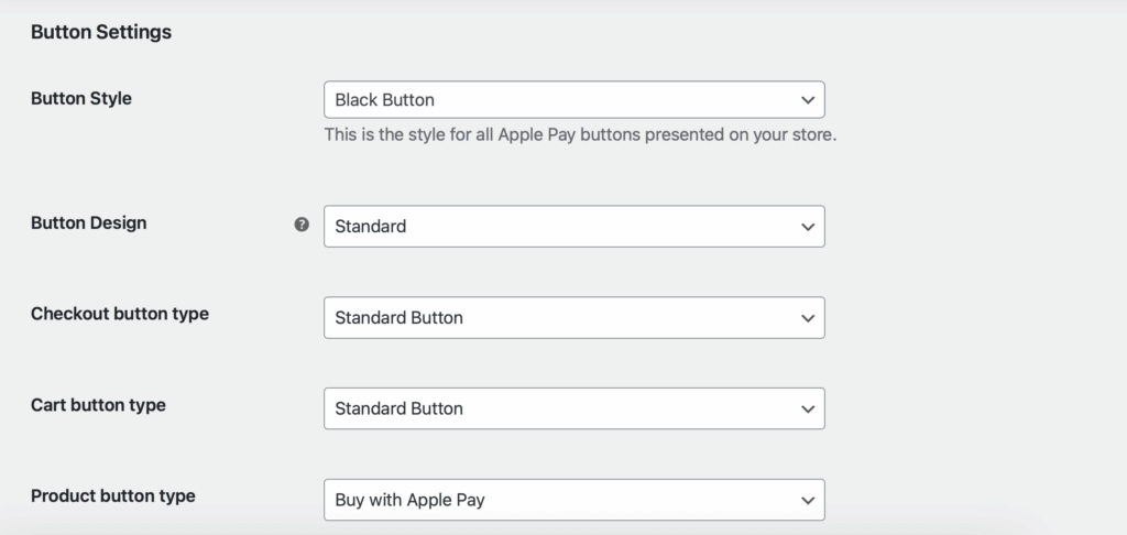 Visual settings for the Apple Pay button with Payment Plugins for Stripe WooCommerce