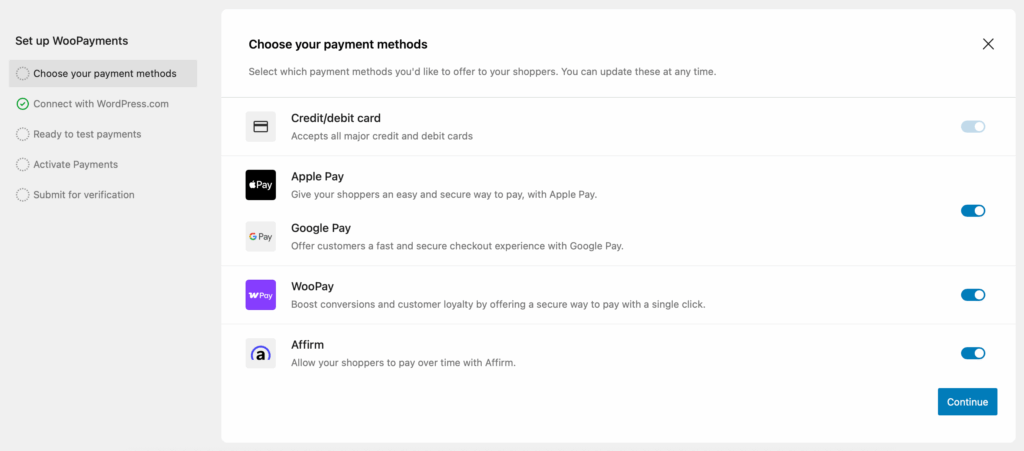 Choosing the payment method with WooPayments