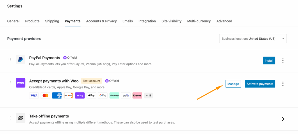 “Manage” button for WooPayments