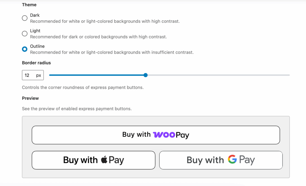 Customization options and preview for Apple Pay, Google Pay, and WooPay buttons