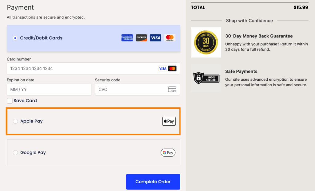 Apple Pay button on the checkout page