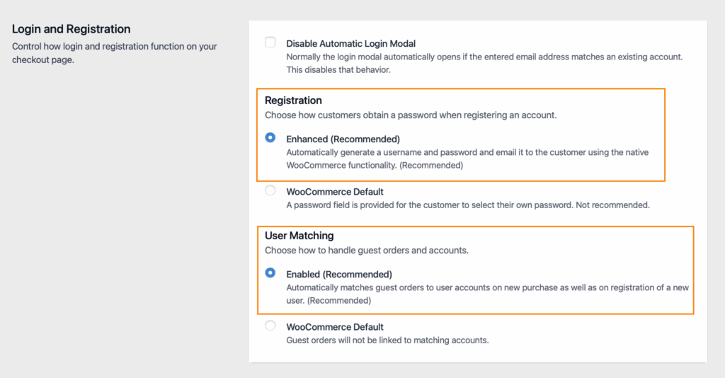 Login and registration settings in CheckoutWC