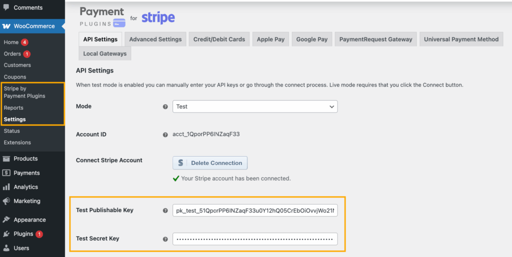 Enabling test environment in Payment Plugins for Stripe WooCommerce and adding the Publishable and Secret Keys
