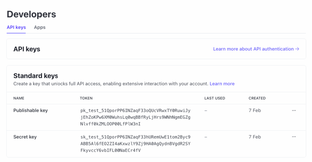 Publishable and Secret Keys in the Stripe dashboard
