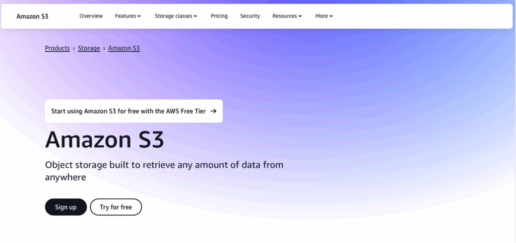 Amazon S3 homepage
