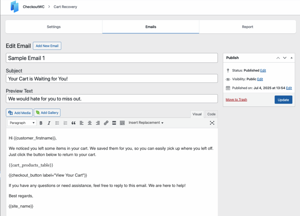 Abandoned cart email template