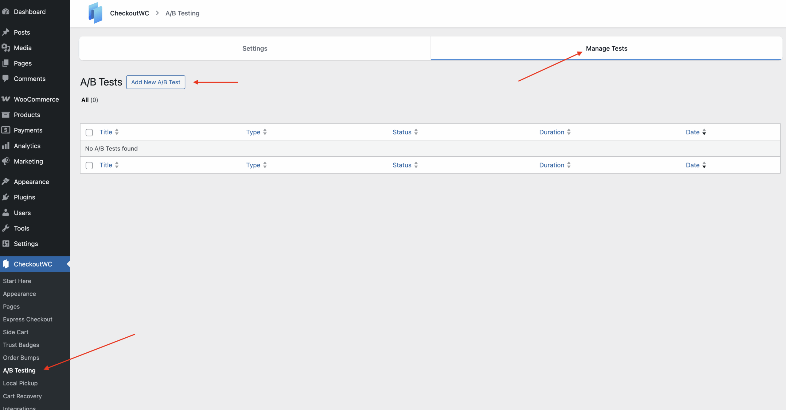 CheckoutWC A/B Testing management screen showing the Add New A/B Test button