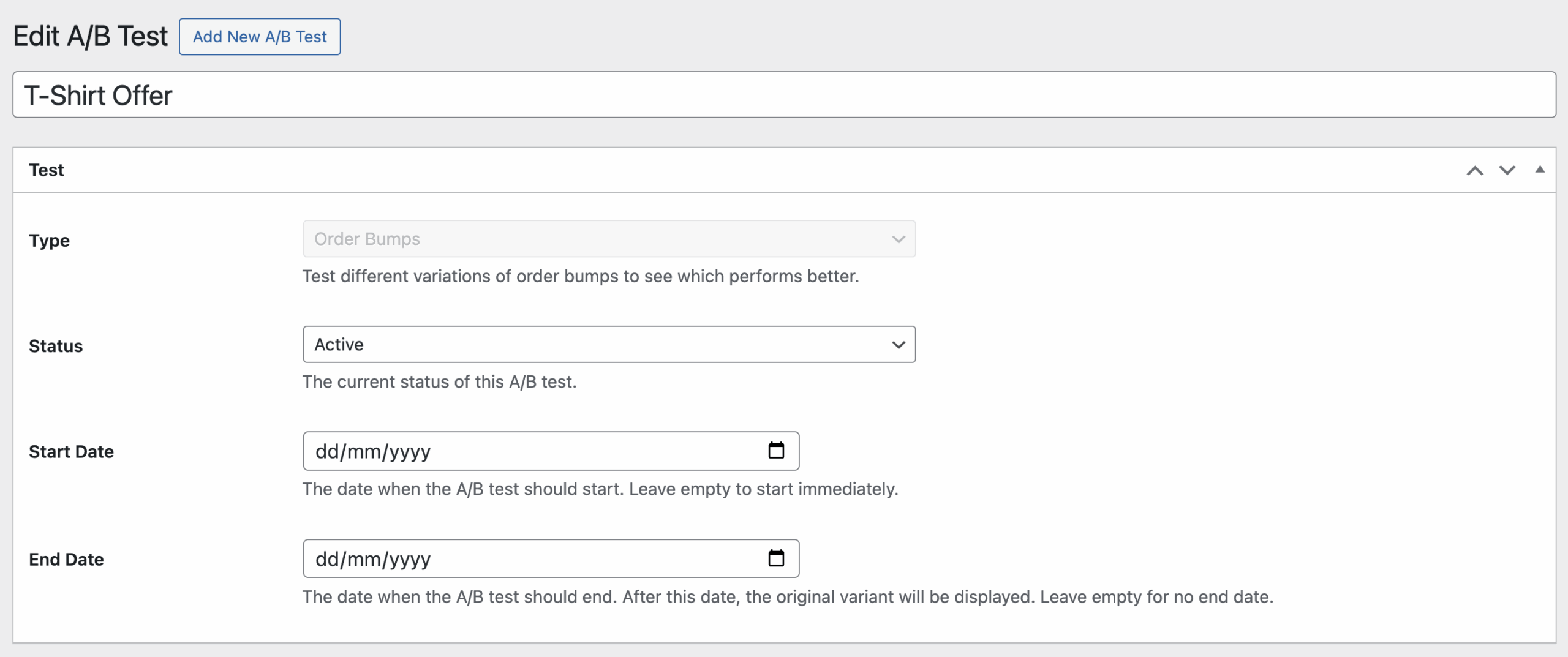 A/B test configuration panel showing Type, Status, Start Date, and End Date fields