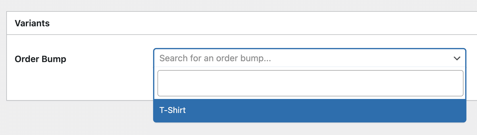 Variants meta box with order bump dropdown selector