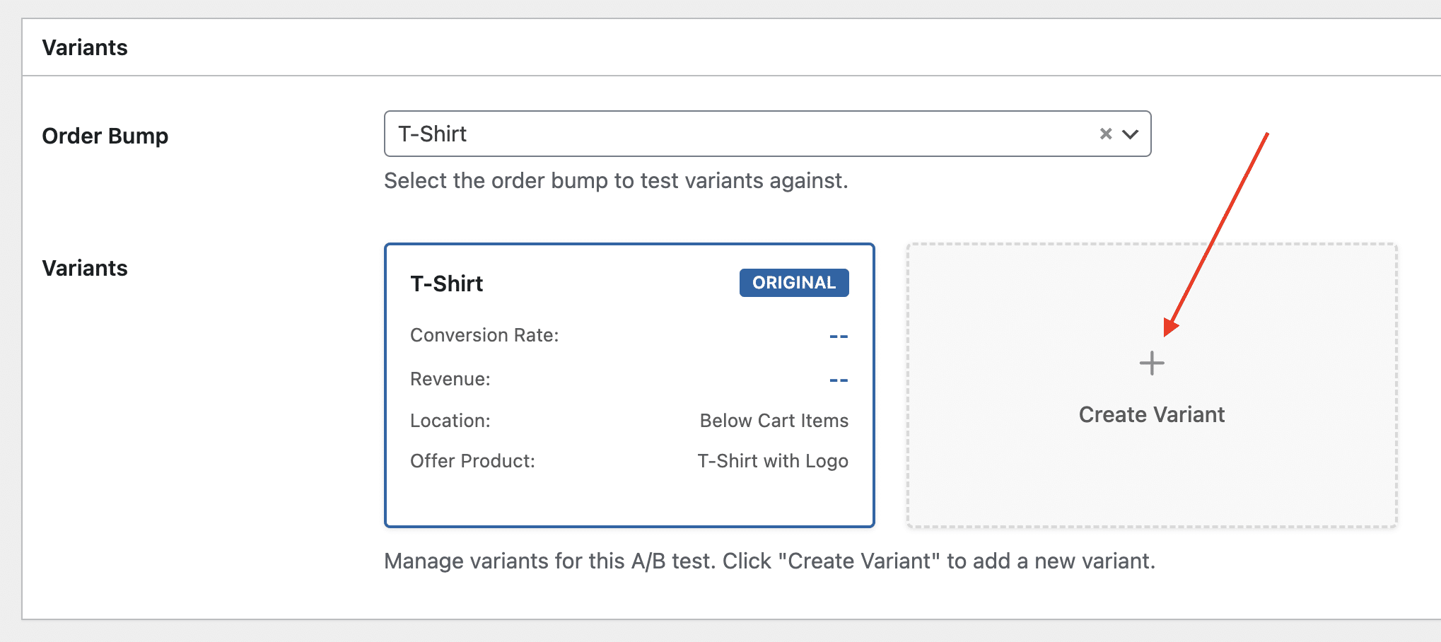 Variants grid showing original order bump with Create Variant button
