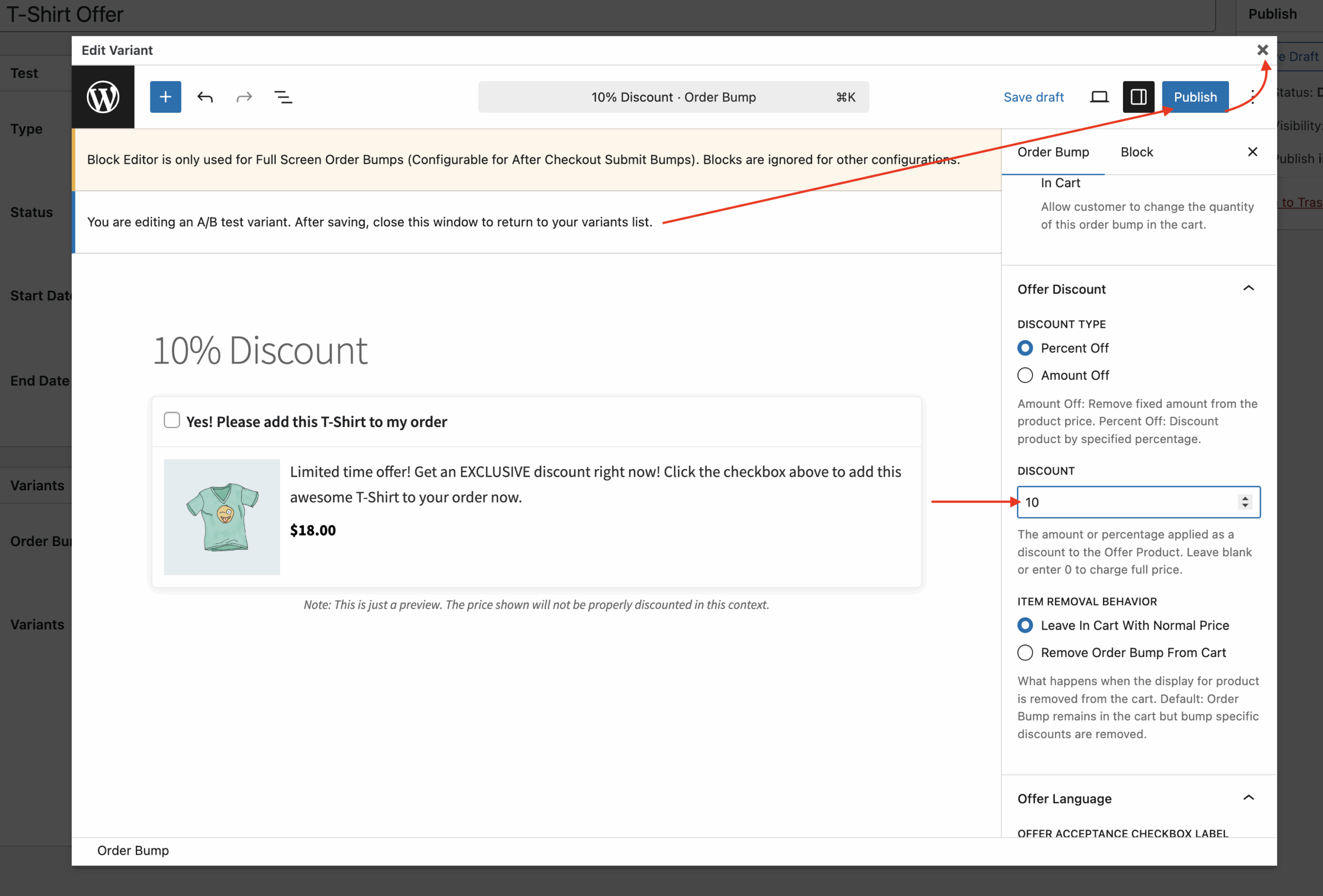 Order bump variant editor modal with preview and settings sidebar