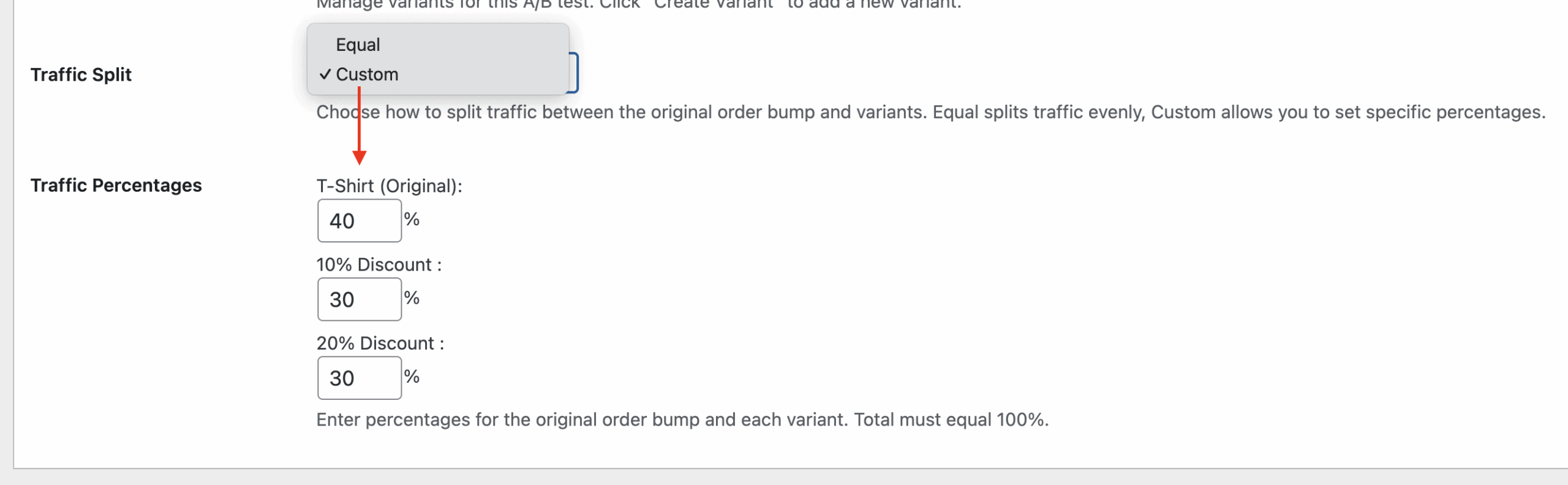 Custom traffic split configuration showing percentage fields for each variant