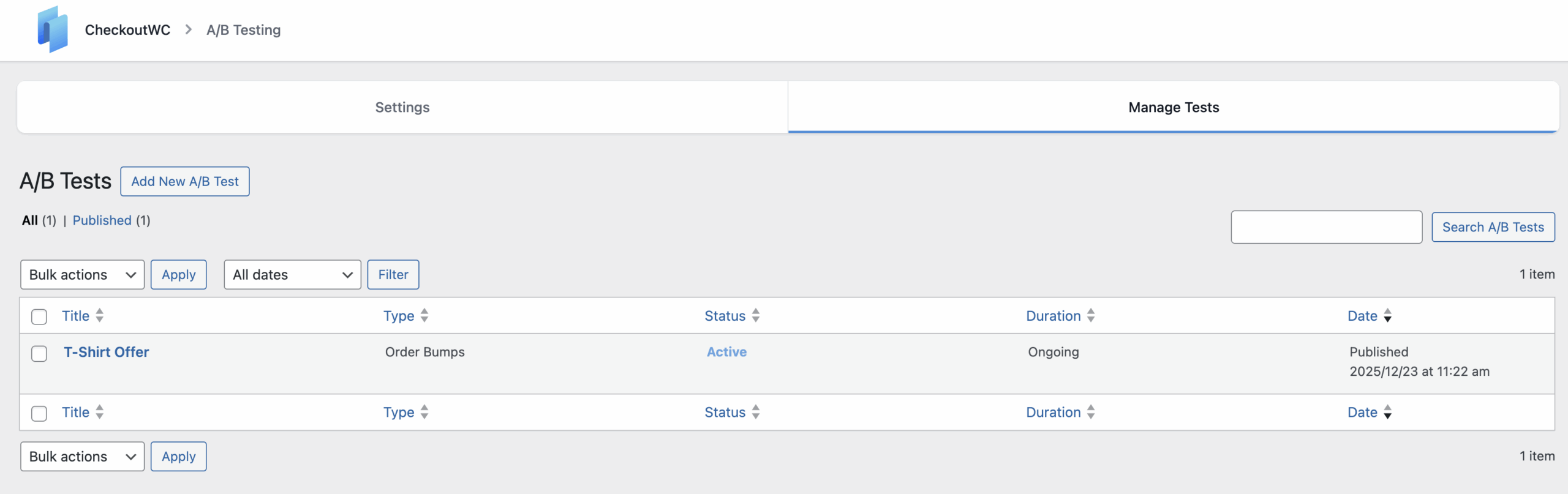 A/B test list showing multiple tests with status indicators
