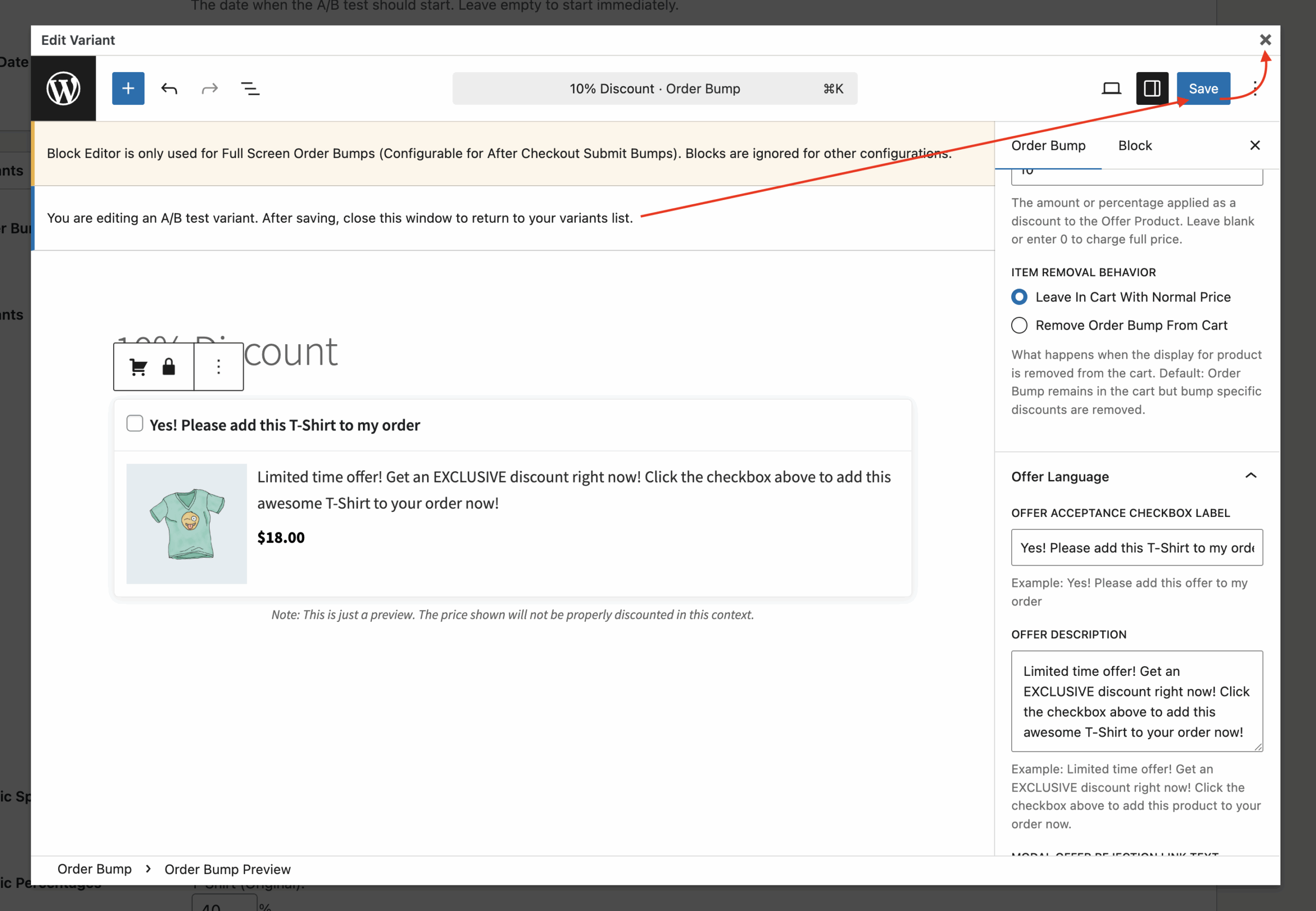 Order bump variant editor with Save and Close buttons highlighted