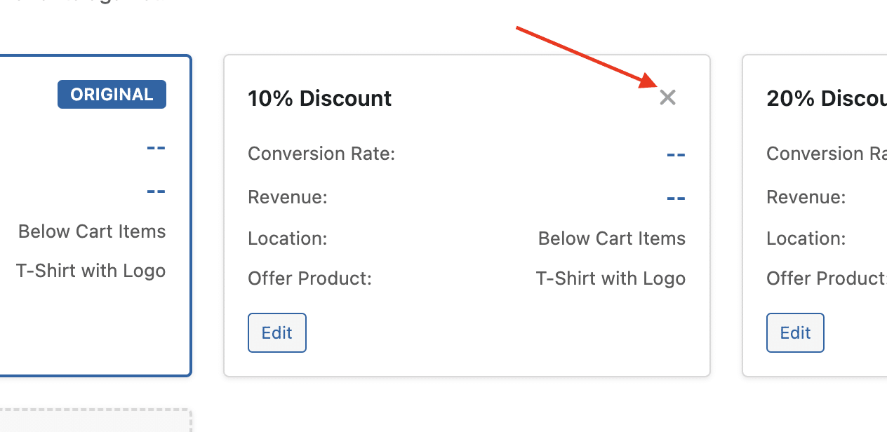 Variant card showing delete X button