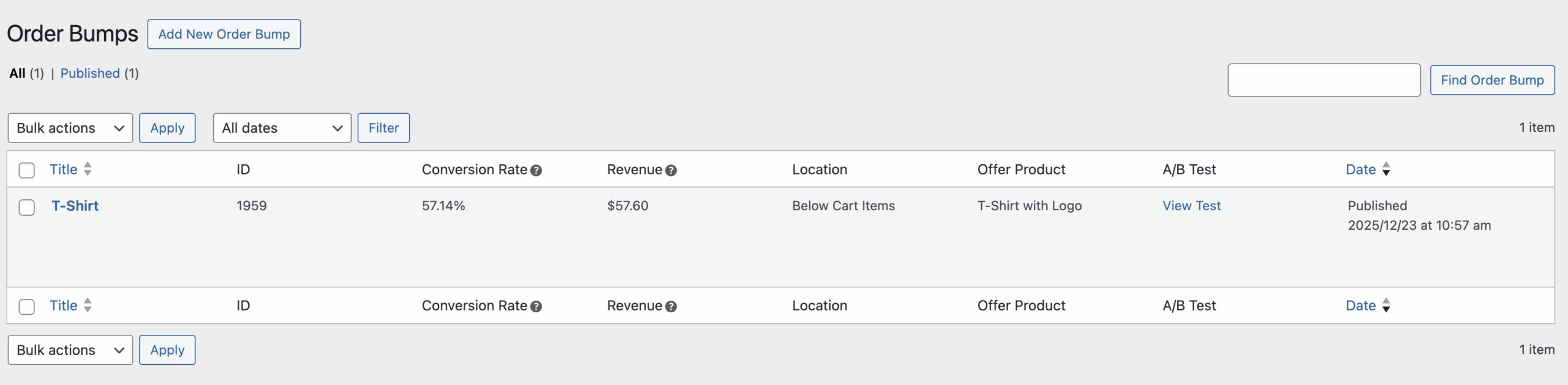 Order Bumps list showing the winning variant now as the active bump