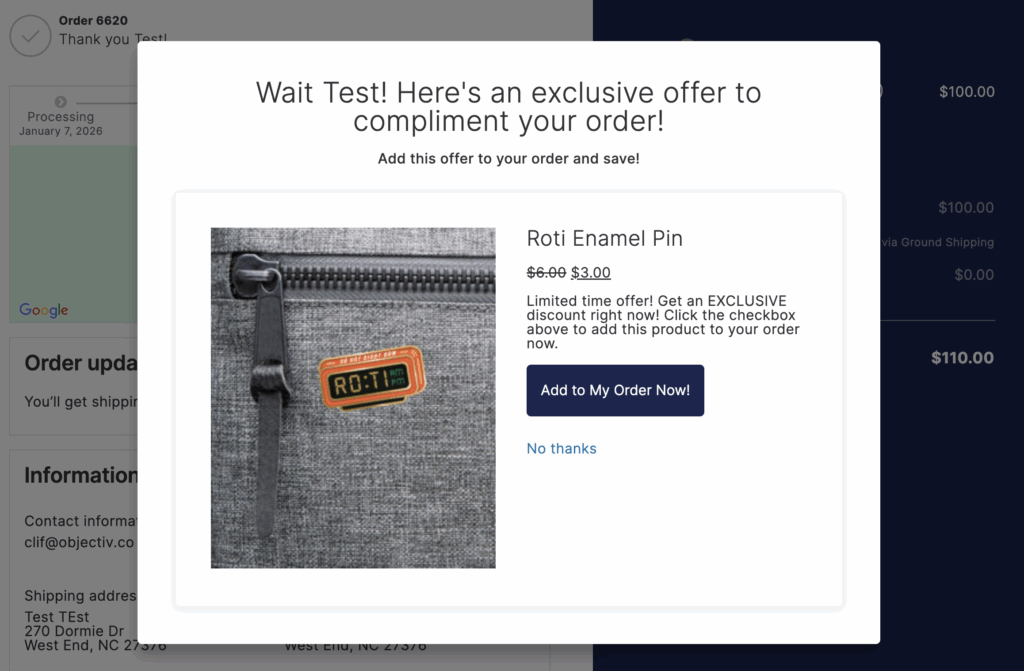 WooCommerce thank you page displaying a one-click order bump offer with Accept and Decline buttons