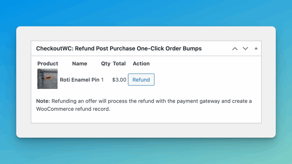 WooCommerce order admin showing an order bump line item with a separate Refund Order Bump button