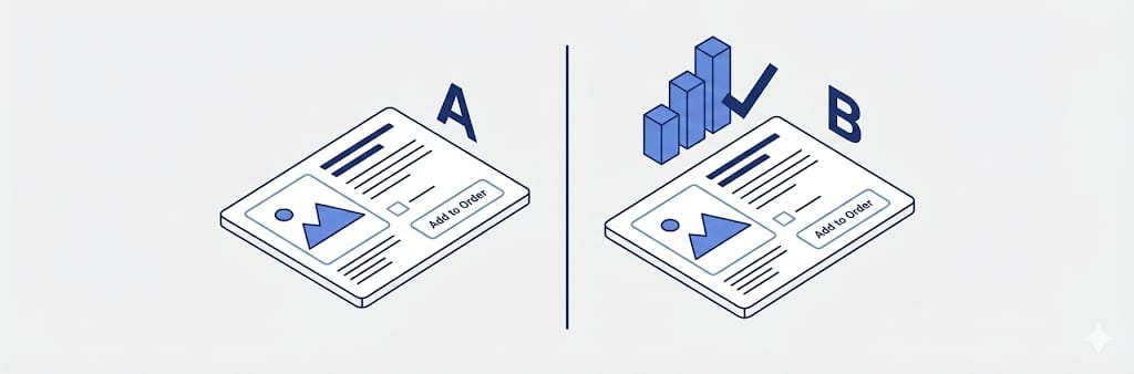 Minimalist isometric illustration of an A/B split test concept for order bumps, depicting two side-by-side card variations labeled A and B with a vertical divider and a success indicator, rendered in navy and cornflower blue line art.