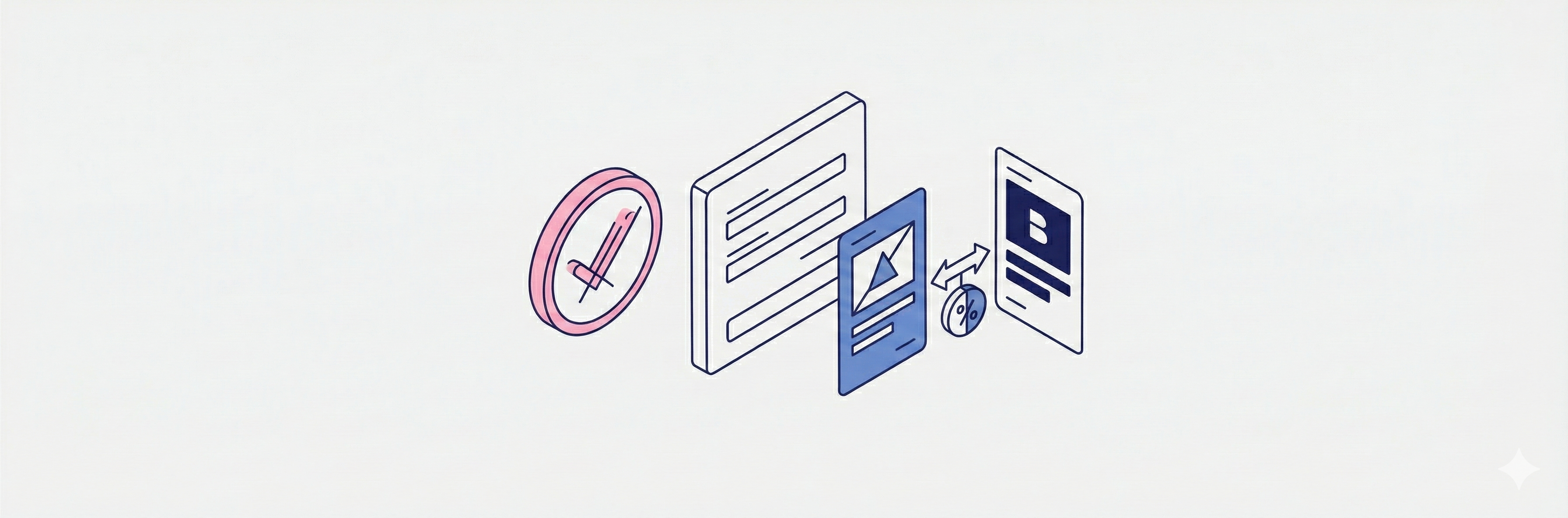 Minimalist isometric illustration of a checkout optimization process, featuring a stylized form flanked by a soft pink confirmation checkmark and navy blue A/B split testing cards on a light gray background
