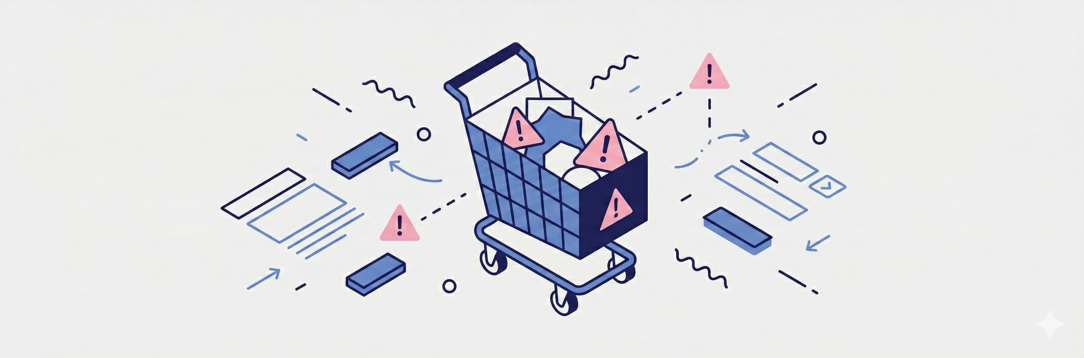 Isometric illustration of a shopping cart with warning triangles inside, surrounded by form field elements and error indicators representing checkout UX problems