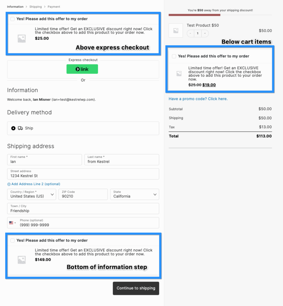 WooCommerce checkout information step showing three order bump placement locations: above express checkout buttons, below cart items in the sidebar, and at the bottom of the information step before the Continue button