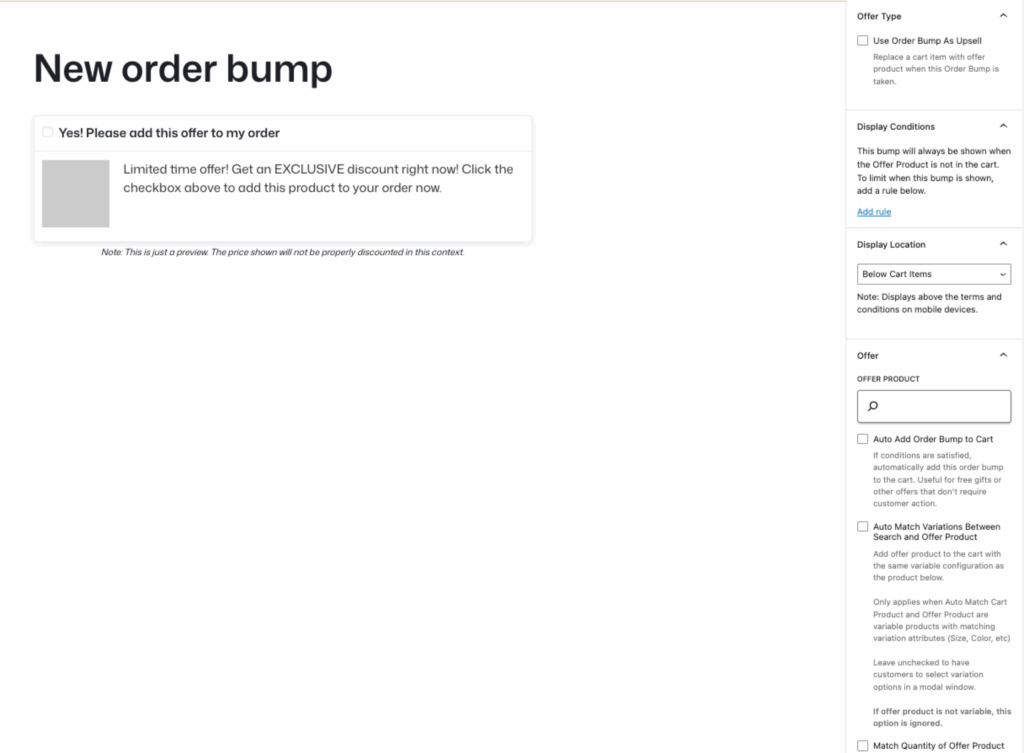 Editor interface for a New order bump featuring a visual preview of the offer card on the left and a sidebar on the right with settings for Offer Type, Display Conditions, Display Location, and Offer details.