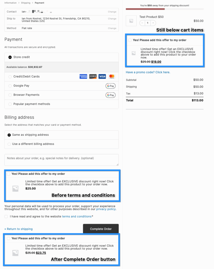 WooCommerce checkout payment step showing three order bump placement locations: below cart items in the sidebar, above terms and conditions, and below the Complete Order button