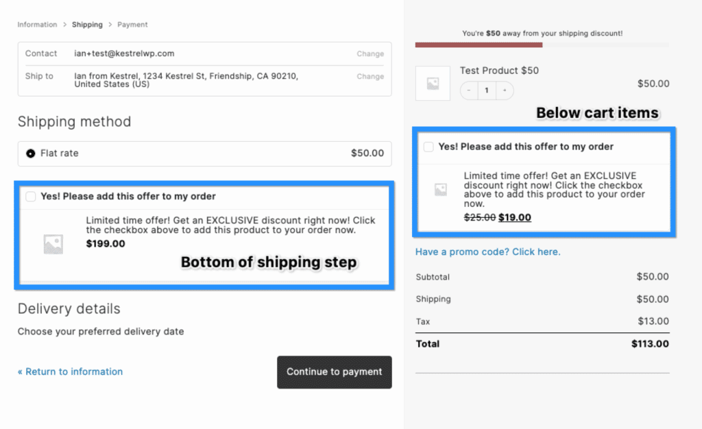 WooCommerce checkout shipping step showing two order bump placement locations: below cart items in the sidebar and at the bottom of the shipping step after the shipping method selector