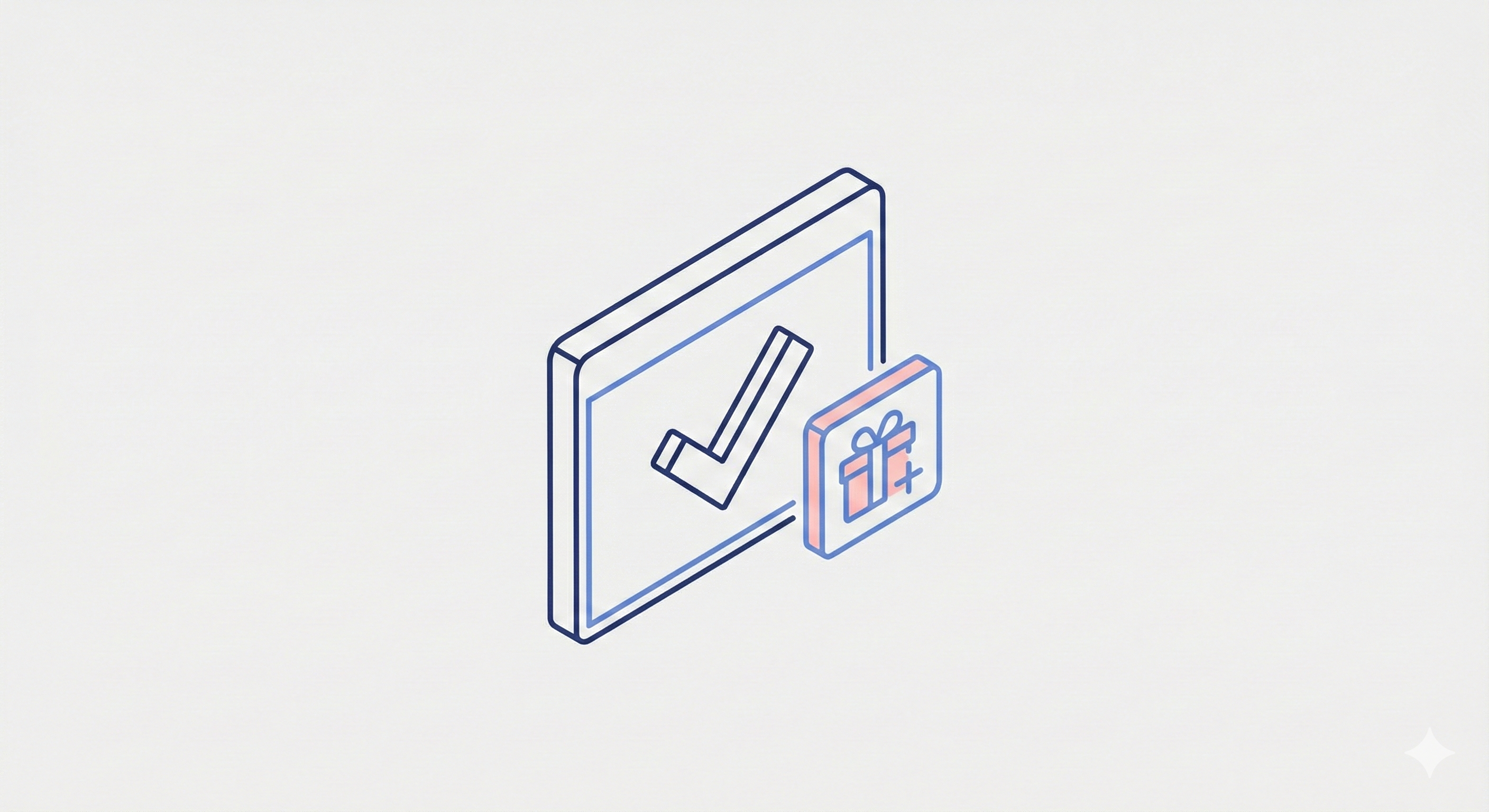 Minimalist isometric illustration of a post-purchase confirmation screen featuring a large thank you checkmark and a promotional offer card with a pink accent.